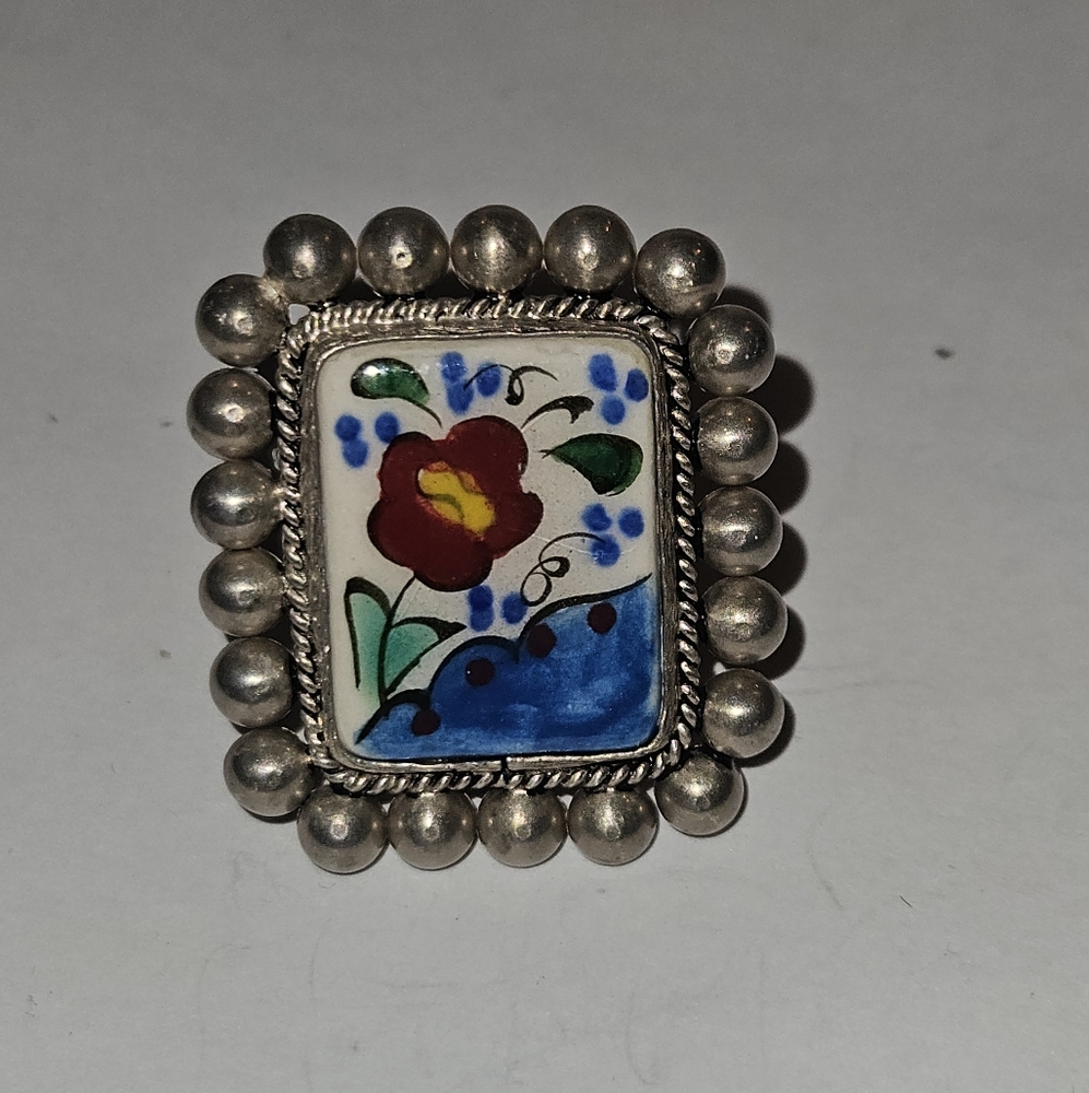 Vintage Taxaco style Micro Mosaic Floral Enamel 925 Ring W/filigree Band